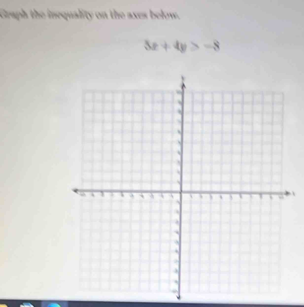 Graph the inequality on the axes below.
3x+4y>-8
