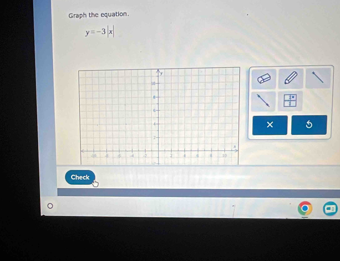 Graph the equation.
y=-3|x|
× 
Check