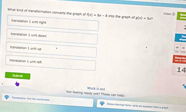 What kind of transformation converts the graph of f(x)=6x-6 into the graph of g(x)=6x
Video ⑤ Quer
translation 1 unit right
translation 1 unit down
Ti
elaps
translation 1 unit up SmartSc
a
translation 1 unit left
out of 100
14
Submit
Work it out
Not feeling ready yet? These can help:
Translations: find the coordinates Slope-intercept form: write an equation from a graph