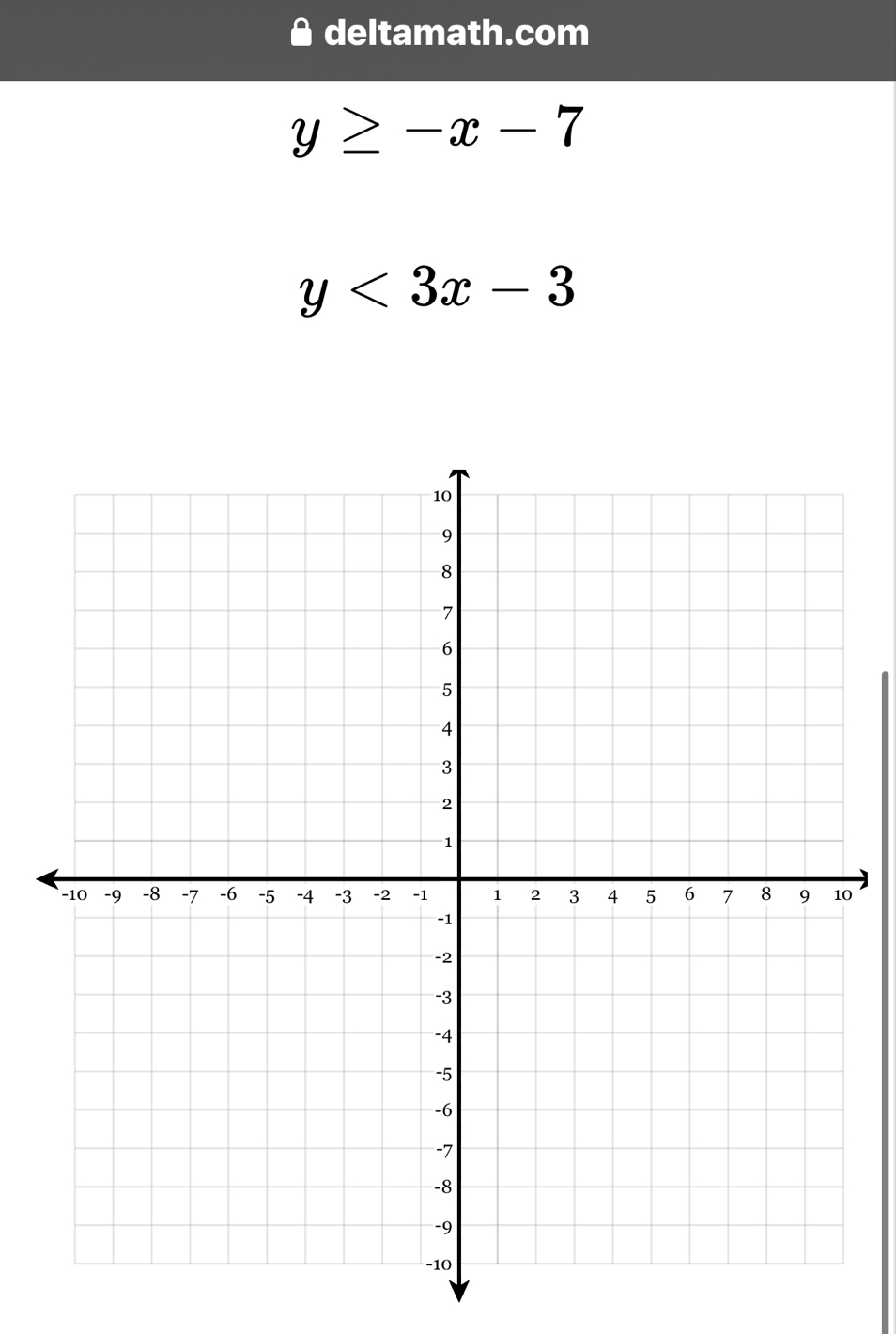 deltamath.com
y≥ -x-7
y<3x-3</tex> 
0