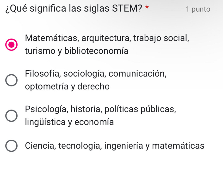 ¿Qué significa las siglas STEM? * 1 punto
Matemáticas, arquitectura, trabajo social,
turismo y biblioteconomía
Filosofía, sociología, comunicación,
optometría y derecho
Psicología, historia, políticas públicas,
lingüística y economía
Ciencia, tecnología, ingeniería y matemáticas