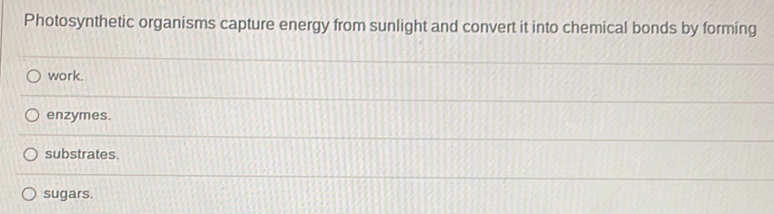 Photosynthetic organisms capture energy from sunlight and convert it into chemical bonds by forming
work.
enzymes.
substrates.
sugars.