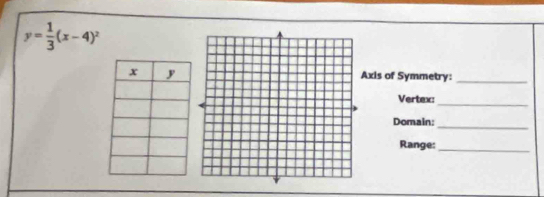 y= 1/3 (x-4)^2
Axis of Symmetry:_ 
_ 
Vertex: 
Domain: 
_ 
Range:_