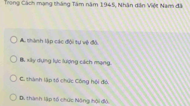 Trong Cách mạng tháng Tám năm 1945, Nhân dân Việt Nam đã
A. thành lập các đội tự vệ đỏ.
B. xây dựng lực lượng cách mạng.
C. thành lập tổ chức Công hội đỏ.
D. thành lập tổ chức Nông hội đỏ.