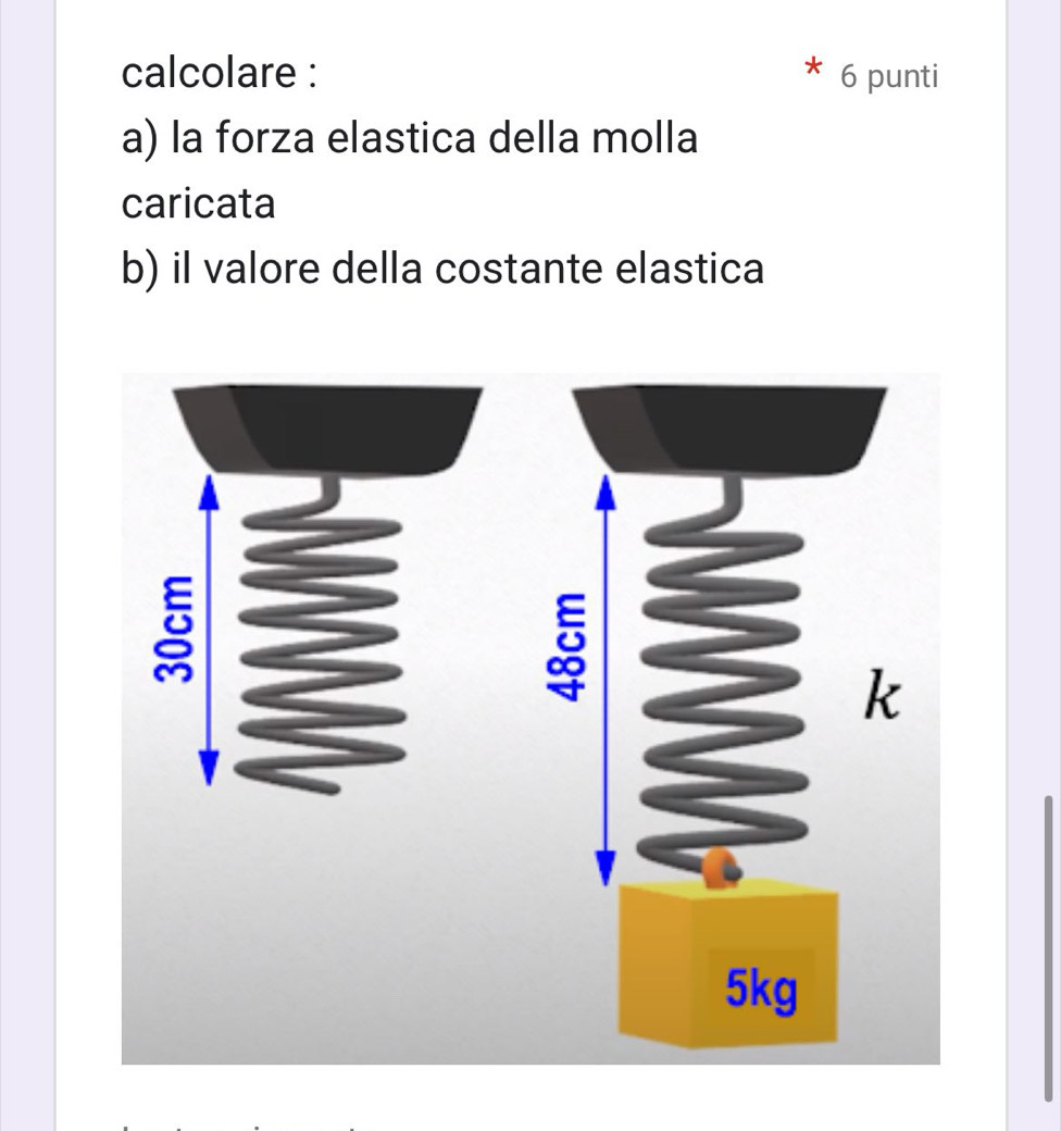 calcolare : 6 punti 
a) la forza elastica della molla 
caricata 
b) il valore della costante elastica 
§