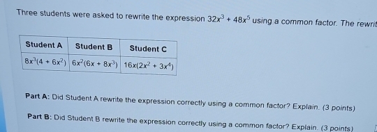 Solved: Three students were asked to rewrite the expression 32x^3+48x^5 ...