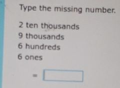 Type the missing number.
2 ten thousands
9 thousands
6 hundreds
6 ones
=□