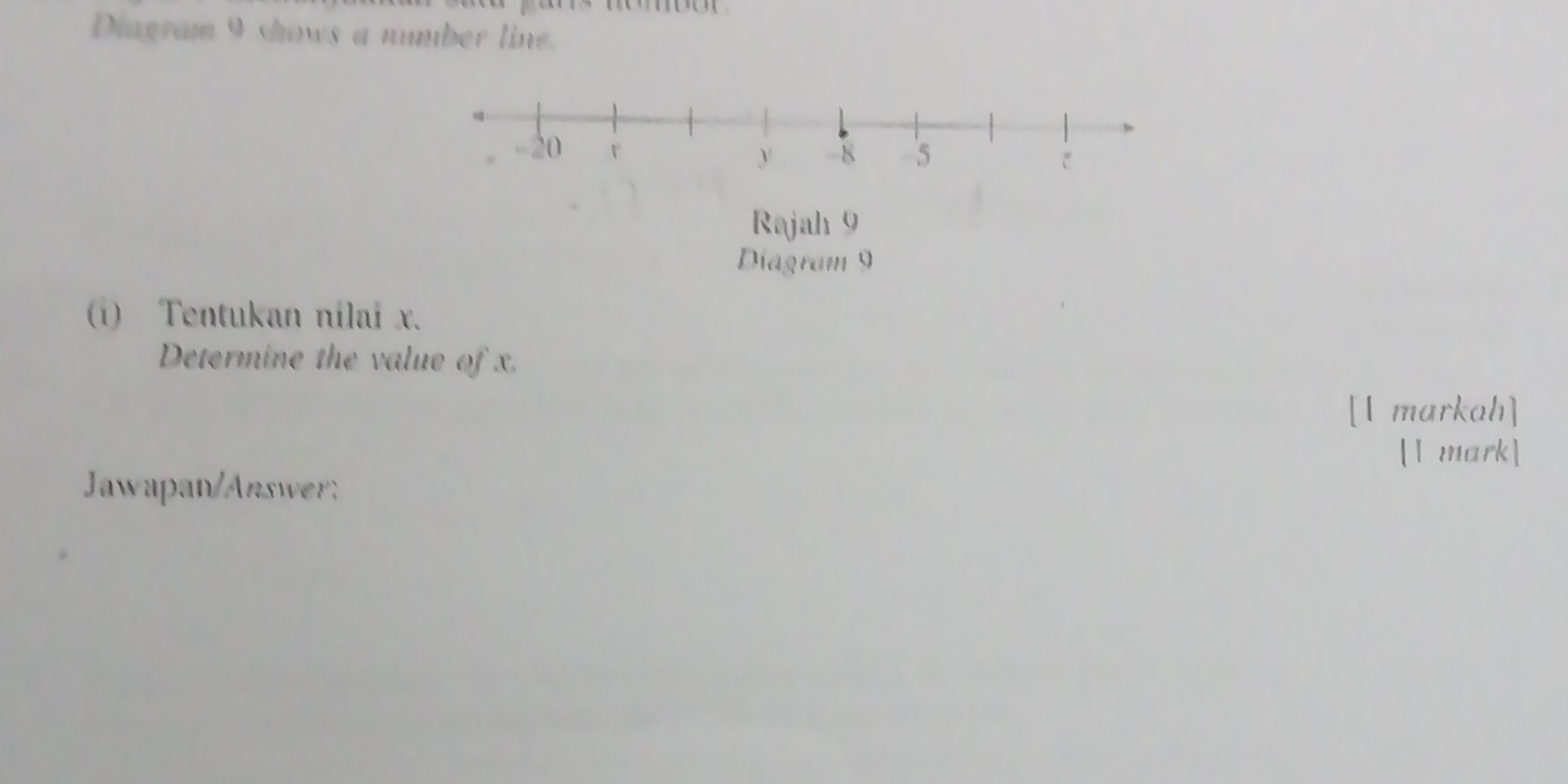 Diagram 9 shows a number line. 
Rajah 9 
Diagram 9 
(i) Tentukan nilai x. 
Determine the value of x. 
[1 markah] 
[1 mark] 
Jawapan/Answ