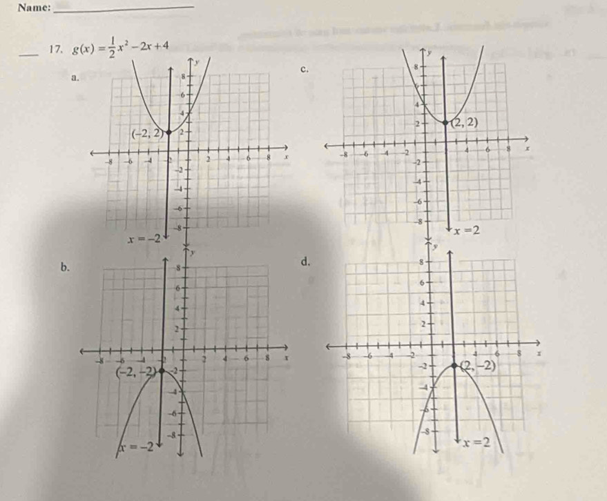 Name:
_
I
_17. g(x)= 1/2 x^2-2x+4
c.
a.
 
b.
d.