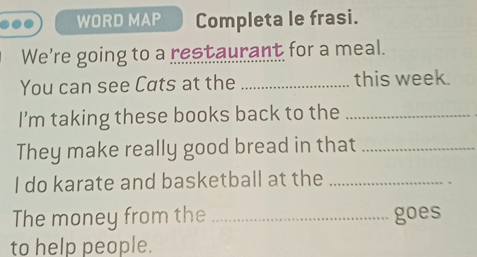 WORD MAP Completa le frasi. 
We're going to a restaurant for a meal. 
You can see Cats at the _this week. 
I’m taking these books back to the_ 
They make really good bread in that_ 
I do karate and basketball at the_ 
The money from the _goes 
to help people.