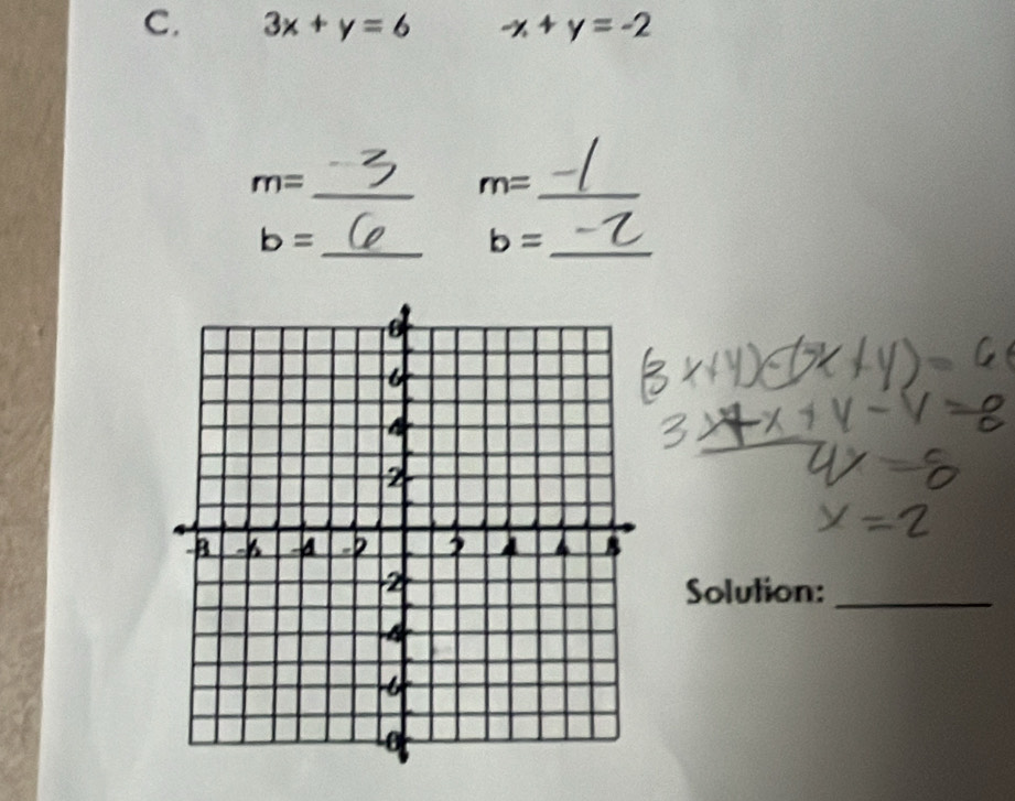 3x+y=6 -x+y=-2
m= _ 
_ m=
b= _ 
_ b=
Solution:_