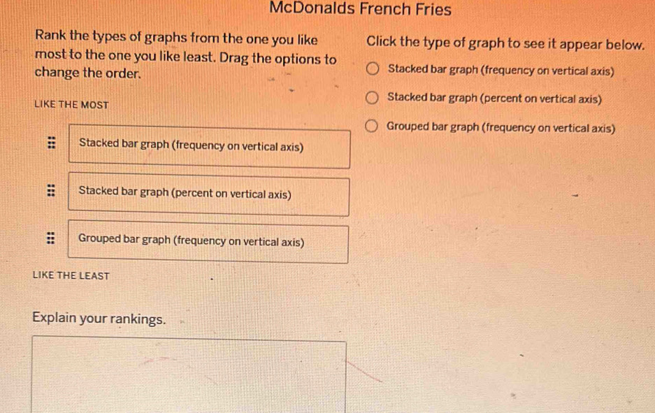 McDonalds French Fries
Rank the types of graphs from the one you like Click the type of graph to see it appear below.
most to the one you like least. Drag the options to Stacked bar graph (frequency on vertical axis)
change the order.
LIKE THE MOST
Stacked bar graph (percent on vertical axis)
Grouped bar graph (frequency on vertical axis)
Stacked bar graph (frequency on vertical axis)
Stacked bar graph (percent on vertical axis)
Grouped bar graph (frequency on vertical axis)
LIKE THE LEAST
Explain your rankings.