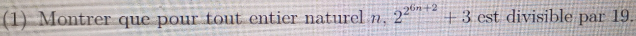 (1) Montrer que pour tout entier naturel n, 2^(2^6n+2)+3 est divisible par 19.