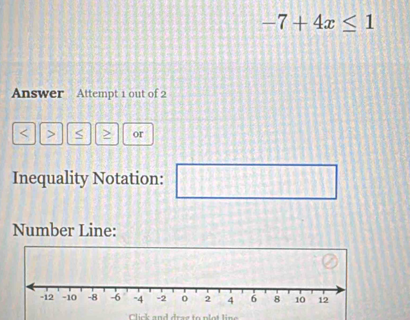 -7+4x≤ 1
Answer Attempt 1 out of 2 
、 or 
I 
Inequality Notation: □ : 
= □° 
Number Line: 
Click and drag to plot lins