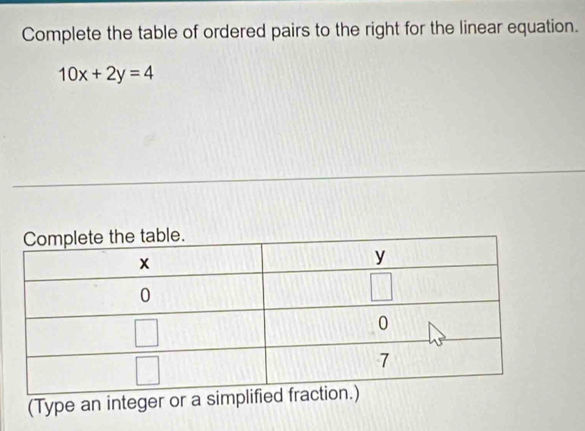 Complete the table of ordered pairs to the right for the linear equation.
10x+2y=4
(Type an integer or a simp