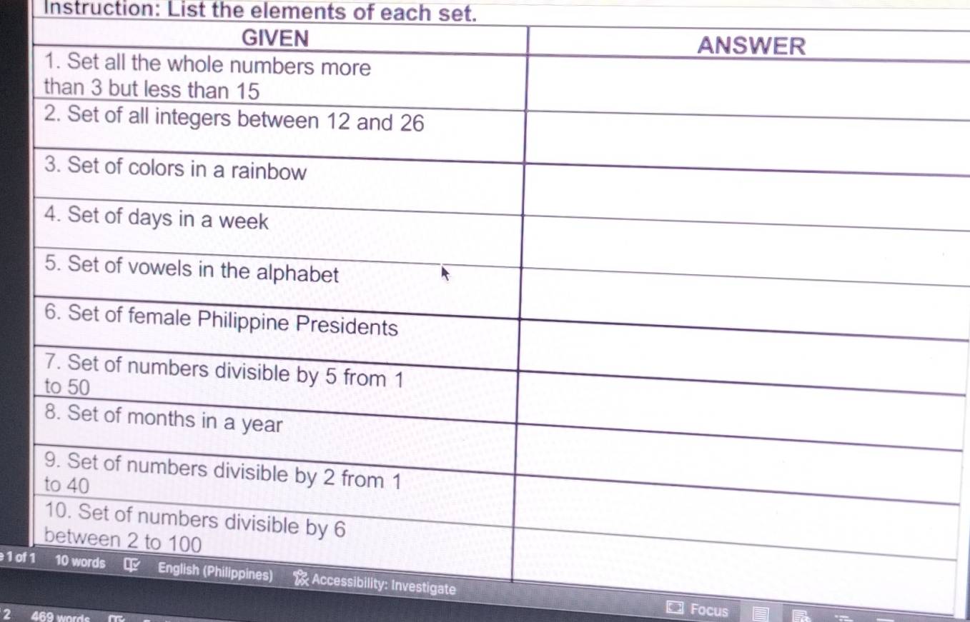 Instruction: List the elements of each set. 
1 of 
Focus