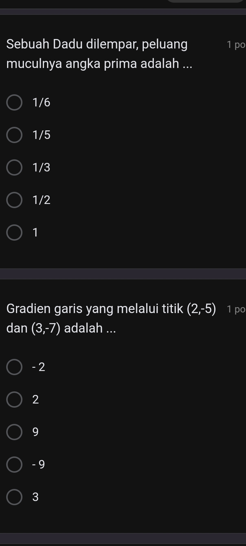 Sebuah Dadu dilempar, peluang 1 po
muculnya angka prima adalah ...
1/6
1/5
1/3
1/2
1
Gradien garis yang melalui titik (2,-5) 1 po
dan (3,-7) adalah ...
- 2
2
9
- 9
3