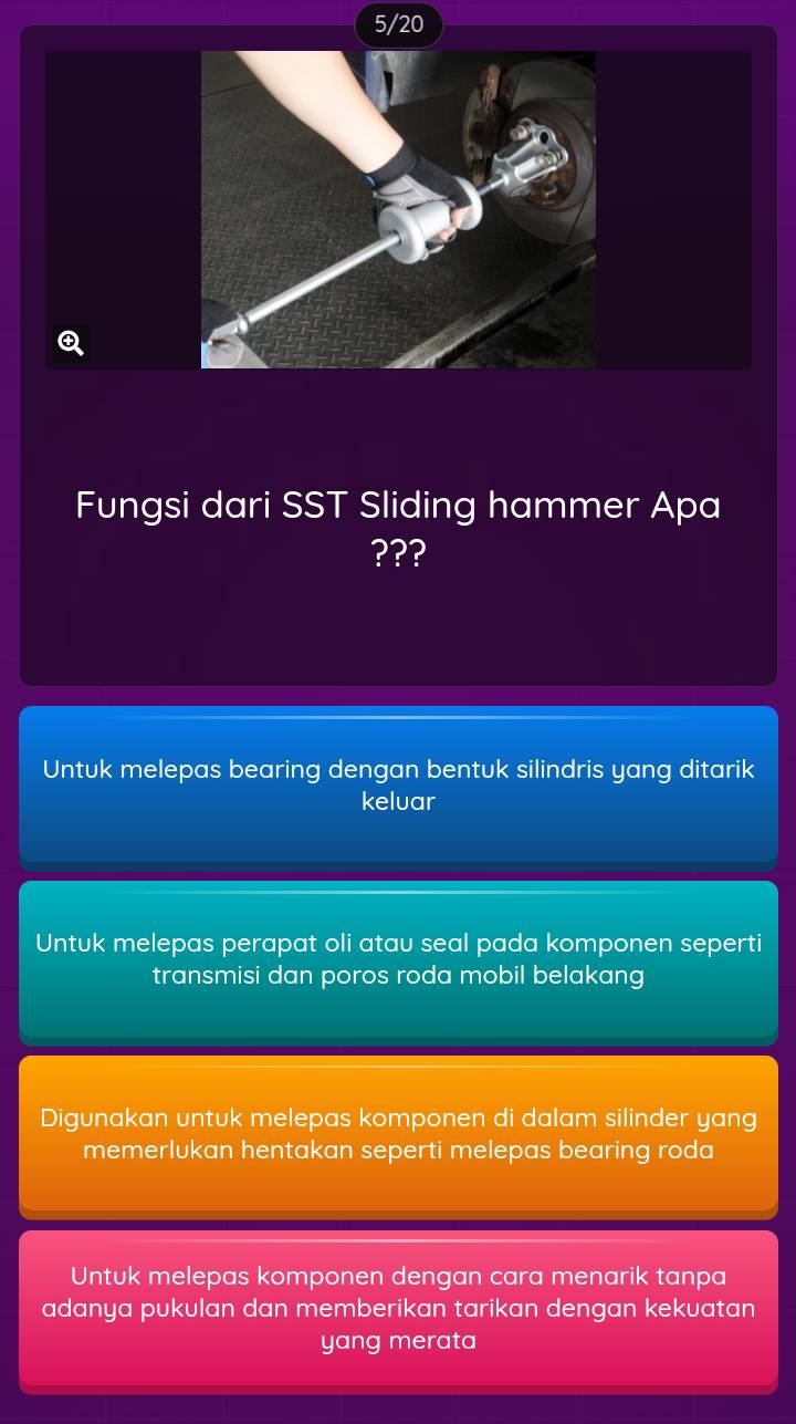 5/20
Fungsi dari SST Sliding hammer Apa
???
Untuk melepas bearing dengan bentuk silindris yang ditarik
keluar
Untuk melepas perapat oli atau seal pada komponen seperti
transmisi dan poros roda mobil belakang
Digunakan untuk melepas komponen di dalam silinder yang
memerlukan hentakan seperti melepas bearing roda
Untuk melepas komponen dengan cara menarik tanpa
adanya pukulan dan memberikan tarikan dengan kekuatan
yang merata