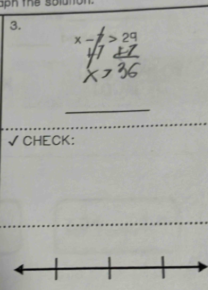 aph the solution. 
3.
x-7>29
√ CHECK: