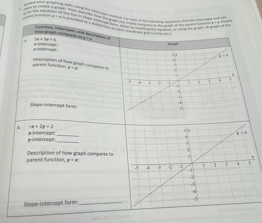 them to create .
write the equati
view your graphing skills using the intercepts method. For each of the following equations, find the intercepts and use
oh. Then describe how the graph you create compares to the graph of the parent function y=x
the line in slope-intercept form, either by rewriting the equation, or using the graph. (A graph of the
. Finally,
parent function y=x is provided as a dotted line on each coordinate grid to help you.
Function, intercepts, and description of
how graph compares to
a 2x+3y=6 y=x
x-intercept:
y intercept:
Description of how graph compares to
parent function, y=x:
Slope-intercept form:
b. -x+2y=2
_
x-intercept:
y-intercept:_
Description of how graph compares to
parent function, y=x:
Slope-intercept form:_