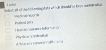 Select all of the following data which should be kept confidential.
Medical records
Patient bills
Health insurance information
Physician credentials
Affliated research institutions