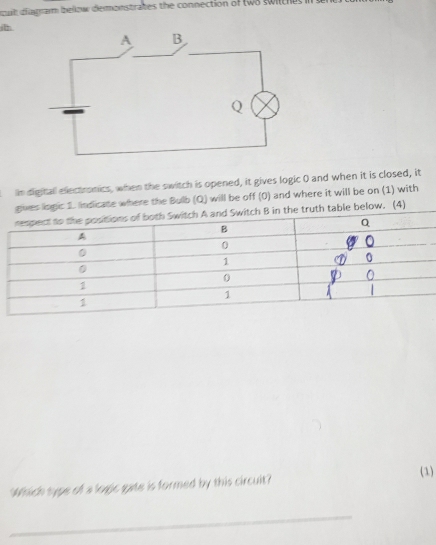 cat dfatrar below demonstrates the connection of two swiche 
in digitall electronics, when the switch is opened, it gives logic 0 and when it is closed, it 
dicate where the Bulb (Q) will be off (0) and where it will be on (1) with 
(4) 
Which type of a logic gate is formed by this circuit? (1) 
_