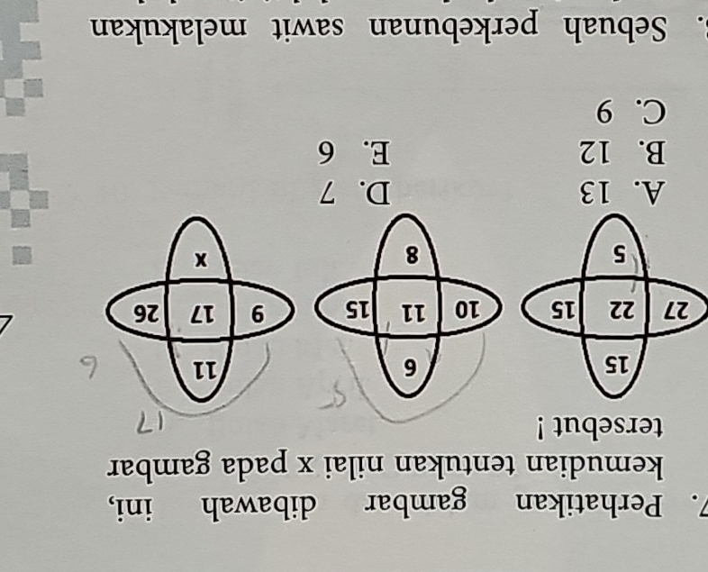 Perhatikan gambar dibawah ini,
kemudian tentukan nilai x pada gambar
tersebut !

A. 13 D. 7
B. 12 E. 6
C. 9. Sebuah perkebunan sawit melakukan