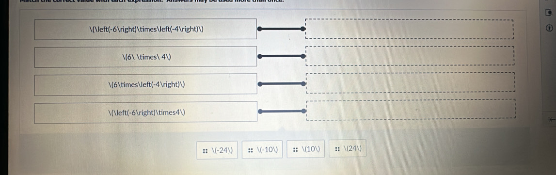 (-6)*(-4))
(6 * 4)
(6*(-4))
((-6)*4)
:: V(-24)) :: |(-10|) :: (10) :: V(24V)