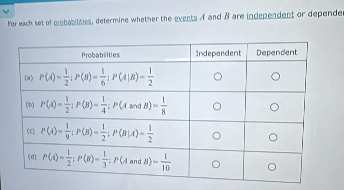 For each set of probabilities, determine whether the events A and B are independent or depender