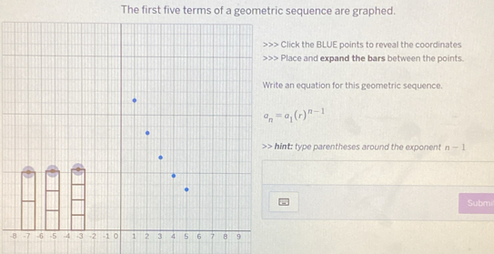 The first five terms of a geometric sequence are graphed. 
lick the BLUE points to reveal the coordinates 
lace and expand the bars between the points. 
an equation for this geometric sequence.
a_n=a_1(r)^n-1
nt: type parentheses around the exponent n-1
Submi 
-