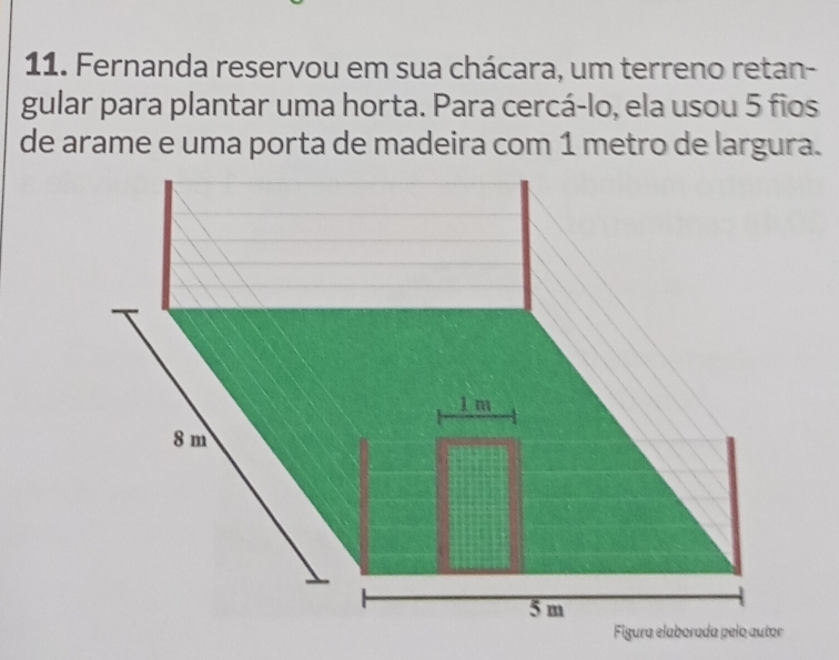 Fernanda reservou em sua chácara, um terreno retan- 
gular para plantar uma horta. Para cercá-lo, ela usou 5 fios