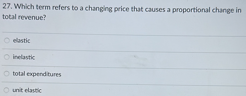 Which term refers to a changing price that causes a proportional change in
total revenue?
elastic
inelastic
total expenditures
unit elastic