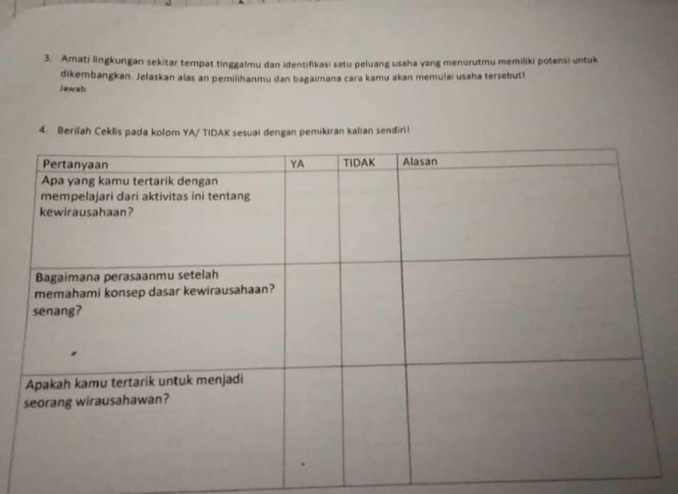 Amati lingkungan sekitar tempat tinggalmu dan identifikasi satu peluang usaha yang menurutmu memiliki potensi untuk 
dikembangkan. Jelaskan alas an pemilihanmu dan bagaimana cara kamu akan memulai usaha tersebutl 
Jawab 
4. Berilah Ceklis pada kolom YA/ TIDAK sesuai dengan pemikiran kalian sendiri!