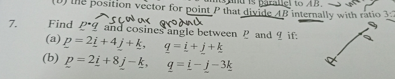 ts and is parallel to AB. 
0) the position vector for point P that divide AB internally with ratio 3:2
7. Find p· q and cosines angle between P and 9 if: 
(a) p=2i+4j+k, q=i+j+k
(b) p=2i+8j-k, q=i-j-3k