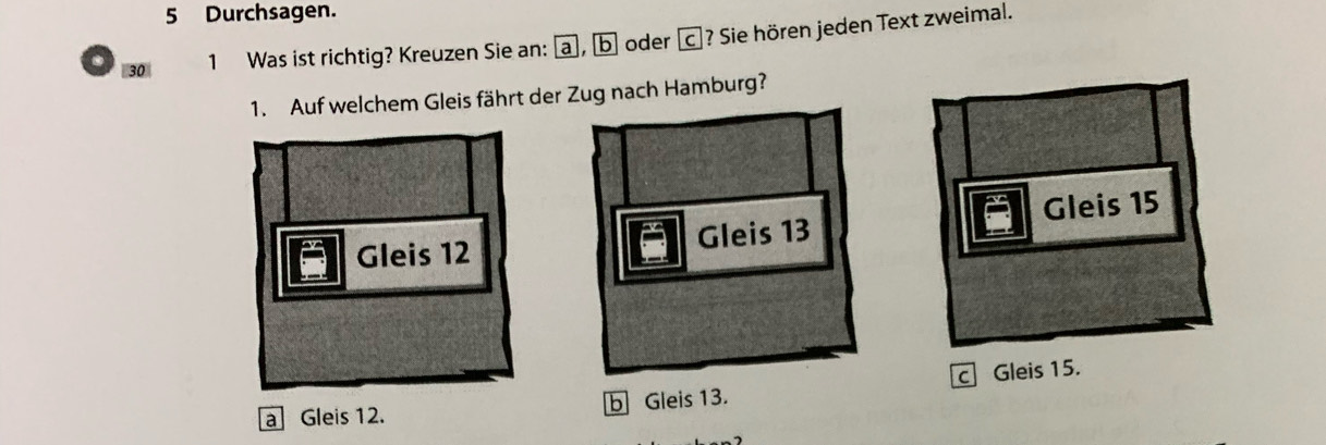 Durchsagen.
30 1 Was ist richtig? Kreuzen Sie an: a, b oder ? Sie hören jeden Text zweimal.
1. Auf welchem Gleis fährt der Zug nach Hamburg?
Gleis 12 Gleis 13 Gleis 15
a Gleis 12. b Gleis 13. c Gleis 15.