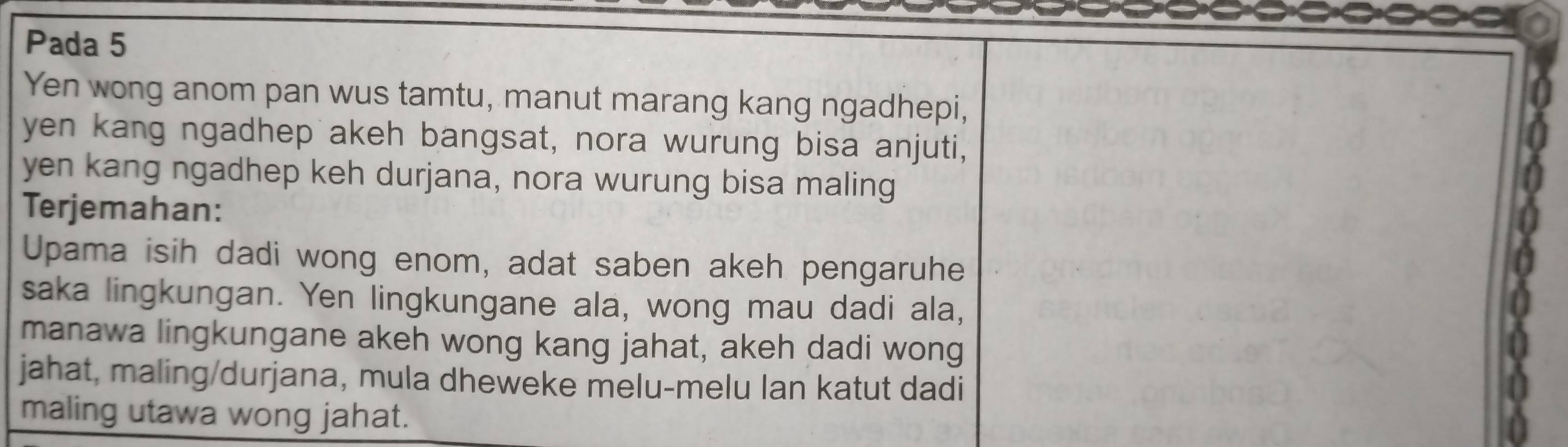 Pada 5 
Yen wong anom pan wus tamtu, manut marang kang ngadhepi, 
yen kang ngadhep akeh bangsat, nora wurung bisa anjuti, 
yen kang ngadhep keh durjana, nora wurung bisa maling 
Terjemahan: 
Upama isih dadi wong enom, adat saben akeh pengaruhe 
saka lingkungan. Yen lingkungane ala, wong mau dadi ala, 
manawa lingkungane akeh wong kang jahat, akeh dadi wong 
jahat, maling/durjana, mula dheweke melu-melu lan katut dadi 
maling utawa wong jahat.