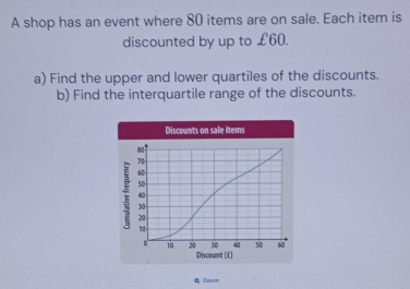 A shop has an event where 80 items are on sale. Each item is 
discounted by up to £60. 
a) Find the upper and lower quartiles of the discounts. 
b) Find the interquartile range of the discounts. 
Discounts on sale items
80t
70
60
50
40
30
20
10
30 40 50 60
。 10 20 Discount (£) 
Q Zoom