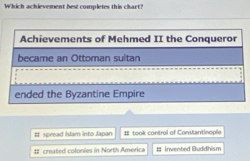 Which achievement best completes this chart?
# spread Islam into Japan # took control of Constantinople
# created colonies in North America # invented Buddhism