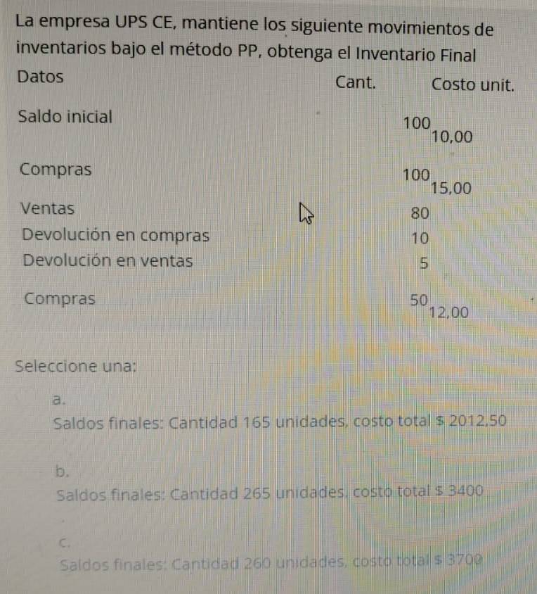 La empresa UPS CE, mantiene los siguiente movimientos de
inventarios bajo el método PP, obtenga el Inventario Final
Datos Cant. Costo unit.
Saldo inicial 100
10,00
Compras
100
15,00
Ventas
80
Devolución en compras 10
Devolución en ventas 5
Compras 50
12,00
Seleccione una:
a.
Saldos finales: Cantidad 165 unidades, costo total $ 2012,50
b.
Saldos finales: Cantidad 265 unidades, costo total $ 3400
C.
Saldos finales: Cantidad 260 unidades, costo total $ 3700