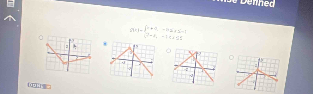 se Defned
g(x)=beginarrayl x+4,-5≤ x≤ -1 2-x,-1
19
2
A
-2 2
-2
DONE