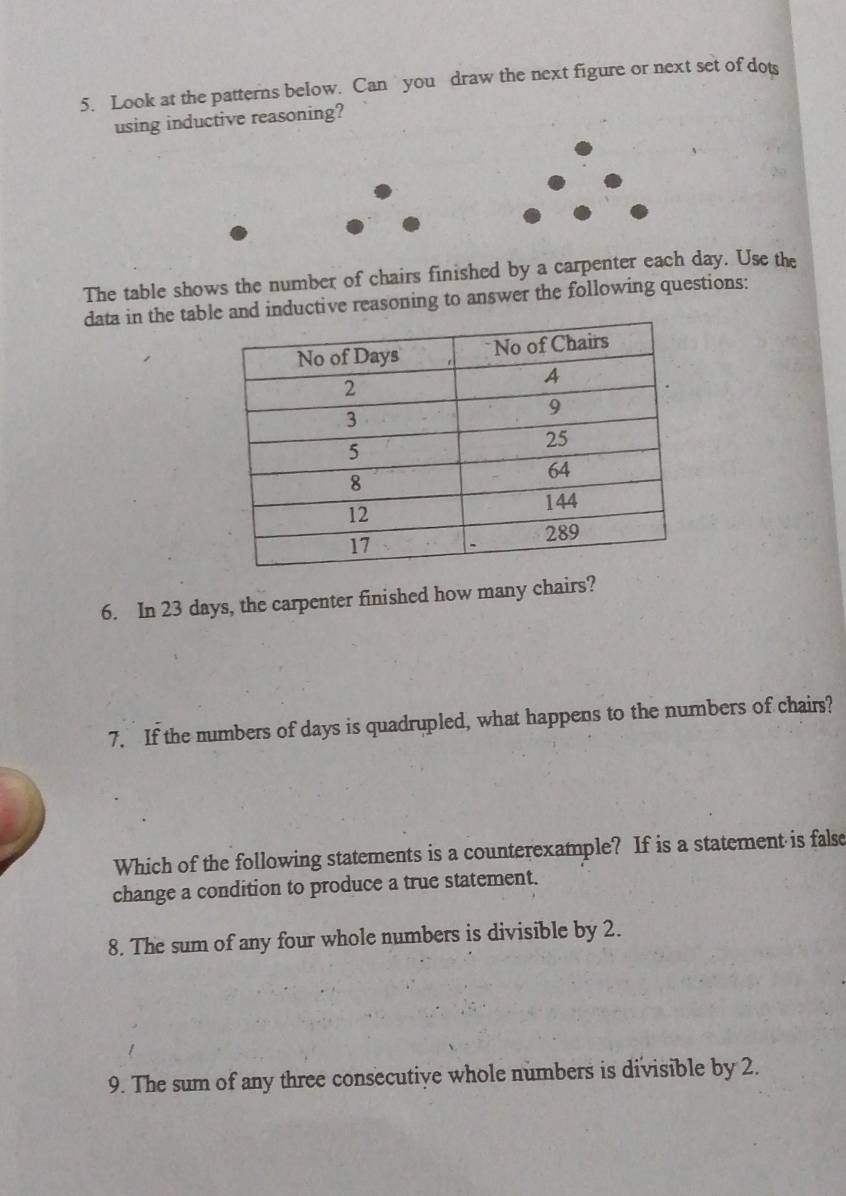 Look at the patterns below. Can you draw the next figure or next set of dots 
using inductive reasoning? 
The table shows the number of chairs finished by a carpenter each day. Use the 
data in the tablnd inductive reasoning to answer the following questions: 
6. In 23 days, the carpenter finished how many chairs? 
7. If the numbers of days is quadrupled, what happens to the numbers of chairs? 
Which of the following statements is a counterexample? If is a statement is false 
change a condition to produce a true statement. 
8. The sum of any four whole numbers is divisible by 2. 
9. The sum of any three consecutive whole numbers is divisible by 2.