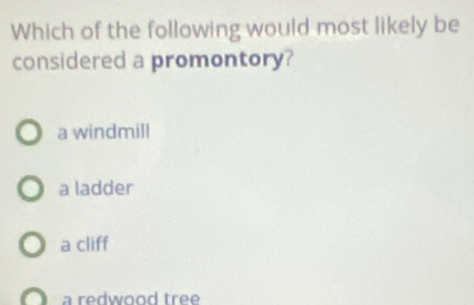 Which of the following would most likely be
considered a promontory?
a windmill
a ladder
a cliff
a redwood tree