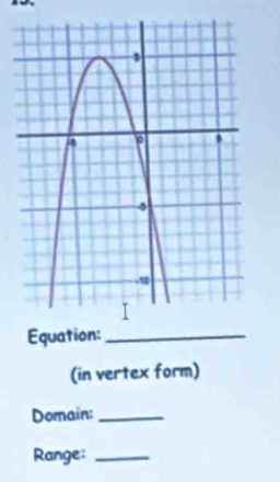 Equation:_ 
(in vertex form) 
Domain:_ 
Range:_