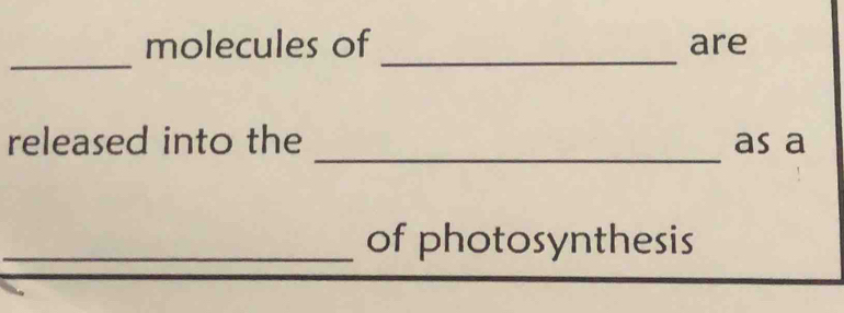 molecules of are 
_ 
_ 
_ 
released into the as a 
_of photosynthesis