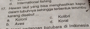 d. International fishing
17. Hewan laut yang bisa menghasilkan kapur
dalam tubuhnya sehingga terbentuk terumbu
karang disebut ...
a. Koloni c. Kolibri
b. Aves d. Koral
mi cadangan batubara di Indonesia