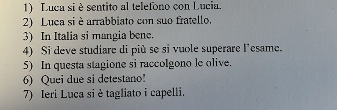 Luca si è sentito al telefono con Lucia. 
2) Luca si è arrabbiato con suo fratello. 
3) In Italia si mangia bene. 
4) Si deve studiare di più se si vuole superare l’esame. 
5) In questa stagione si raccolgono le olive. 
6) Quei due si detestano! 
7) Ieri Luca si è tagliato i capelli.