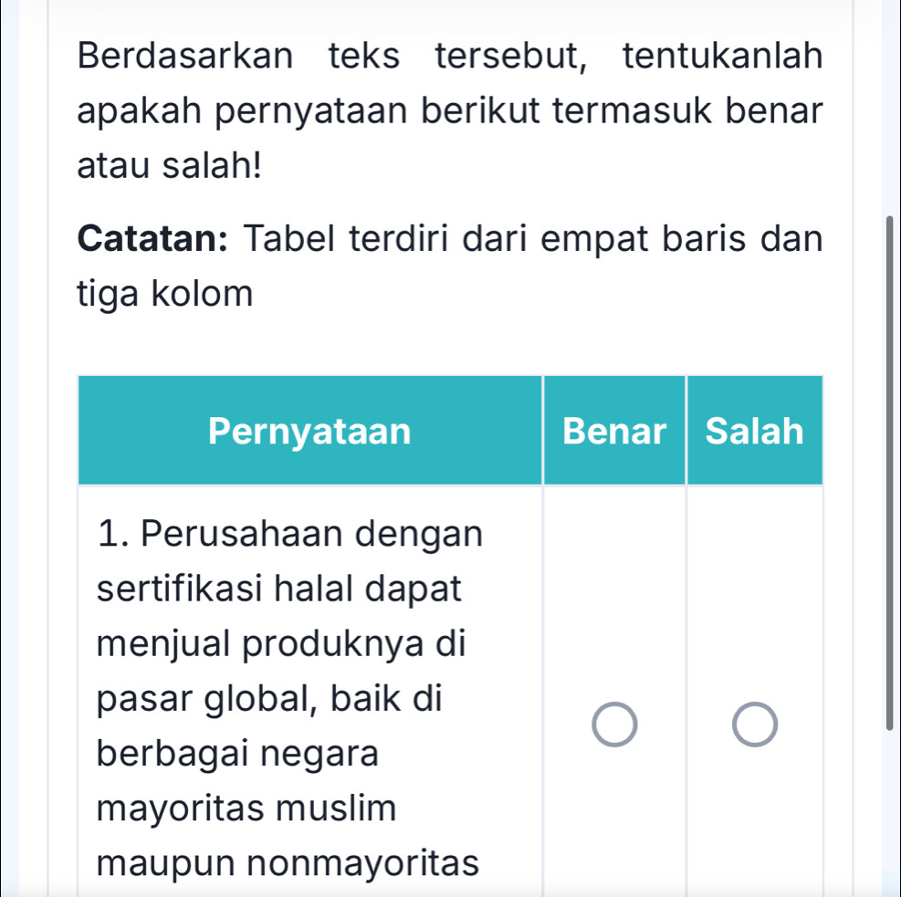 Berdasarkan teks tersebut, tentukanlah 
apakah pernyataan berikut termasuk benar 
atau salah! 
Catatan: Tabel terdiri dari empat baris dan 
tiga kolom