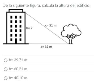 De la siguiente fgura, calcula la altura del edifcio.
b=39.71m
b=60.21m
b=40.10m