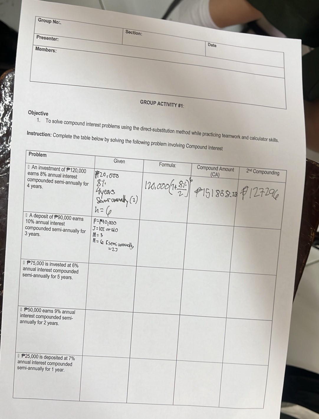 To solve compound interest problems using the direct-substitution method while practicing teamwork and calculator skills
Instruction: Complete the table below by solvi