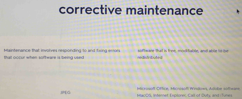 corrective maintenance
Maintenance that involves responding to and fixing errors software that is free, modifiable, and able to be
that occur when software is being used redistributed
Microsoft Office, Microsoft Windows, Adobe software,
JPEG MacOS, Internet Explorer, Call of Duty, and iTunes